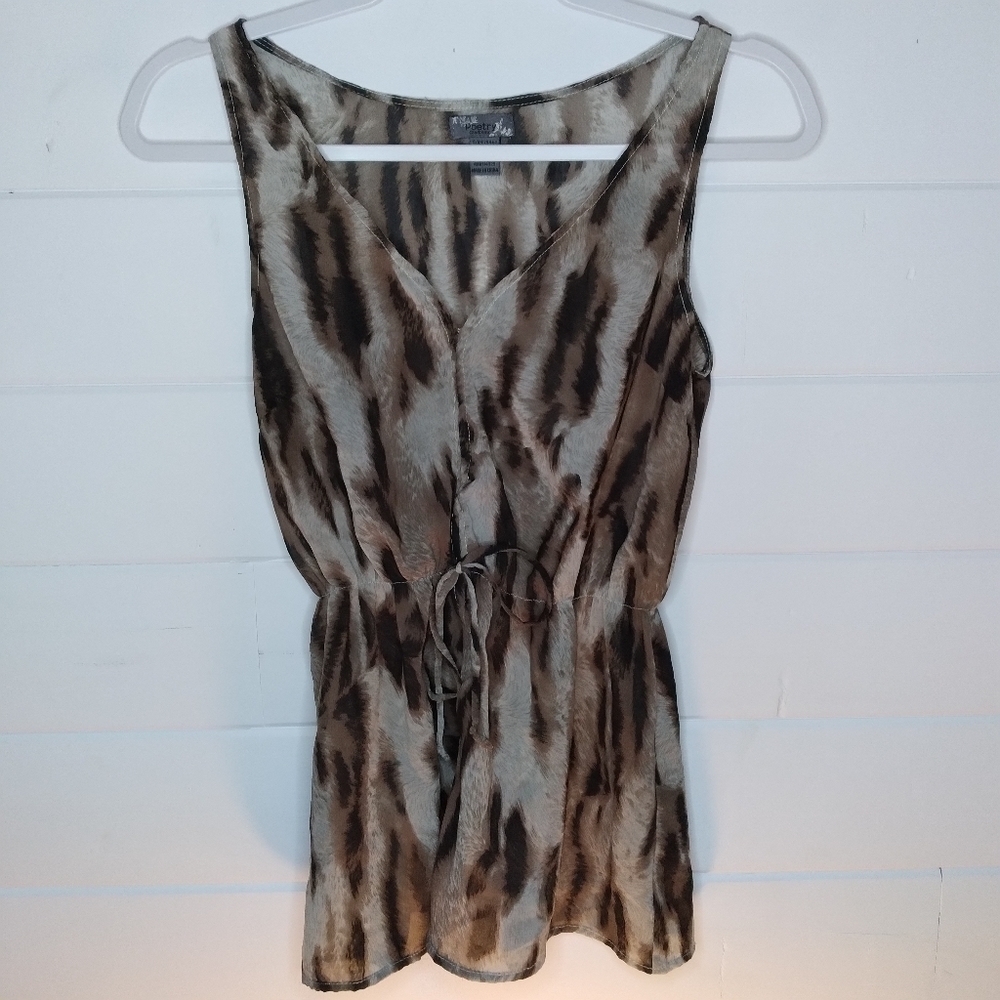 Poetry animal print sheer tie waist tank top  with white stitching.